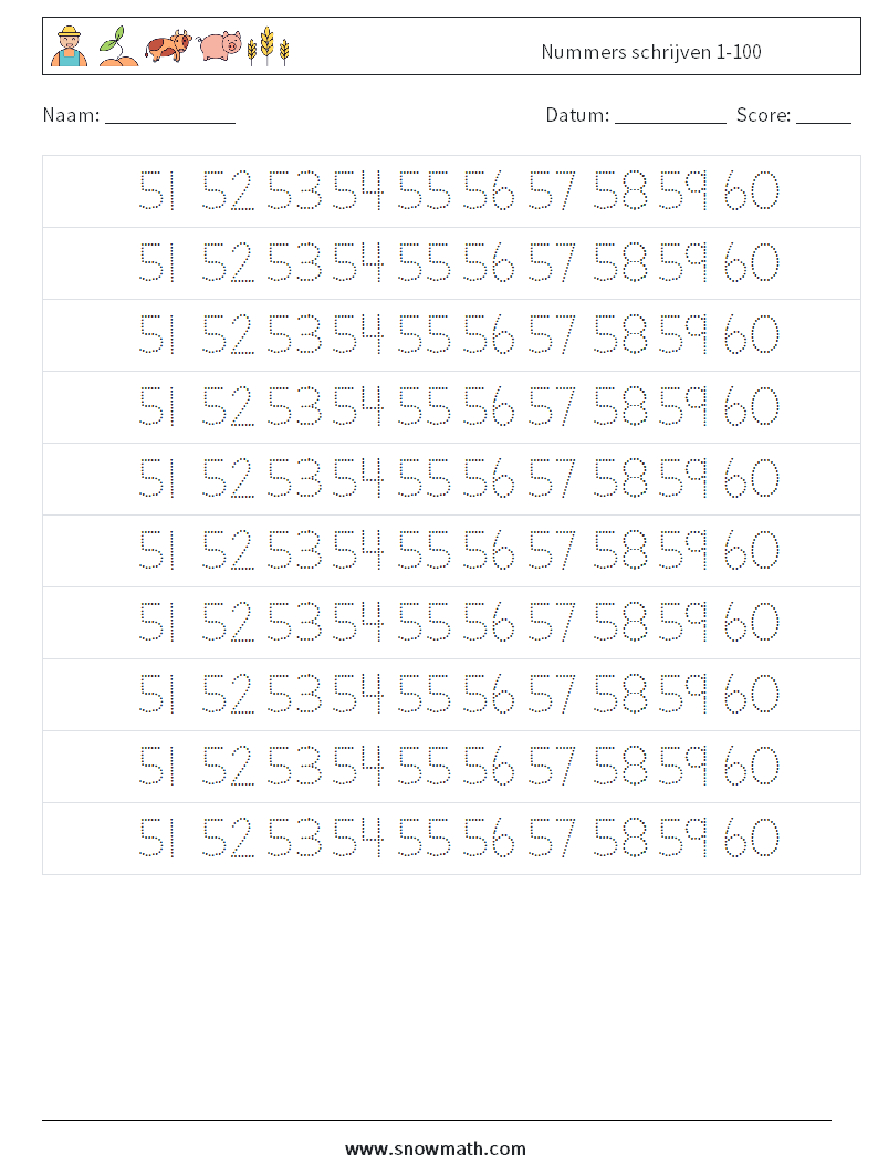 Nummers schrijven 1-100 Wiskundige werkbladen 31