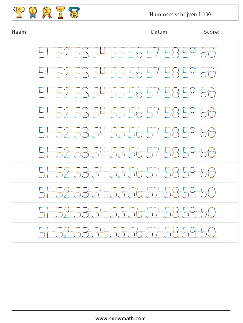 Nummers schrijven 1-100 Wiskundige werkbladen 32