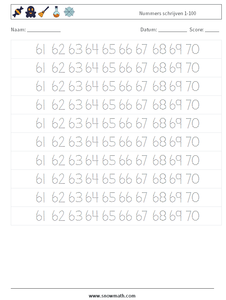 Nummers schrijven 1-100 Wiskundige werkbladen 33