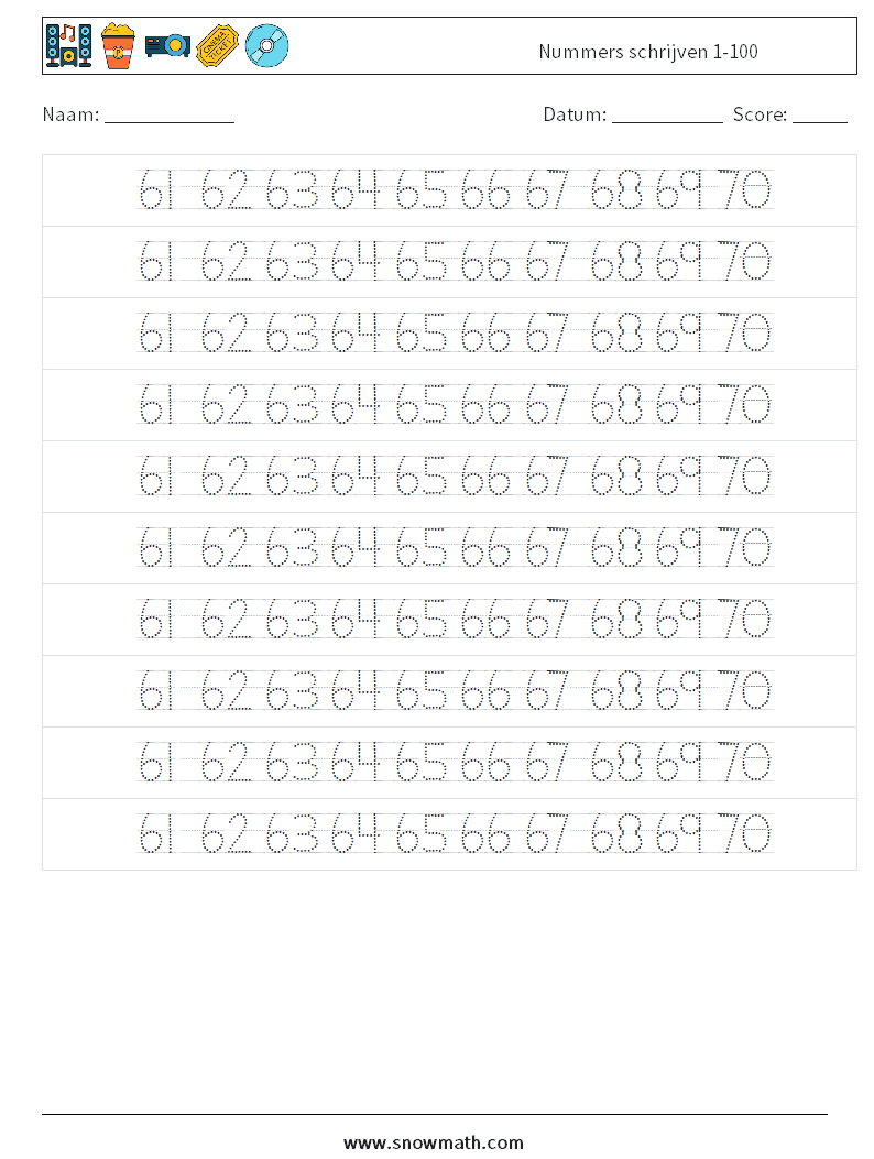 Nummers schrijven 1-100 Wiskundige werkbladen 34