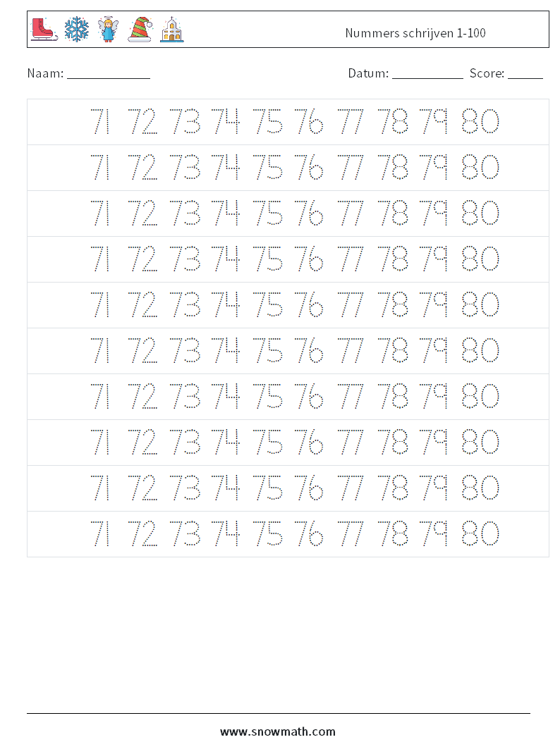 Nummers schrijven 1-100 Wiskundige werkbladen 35