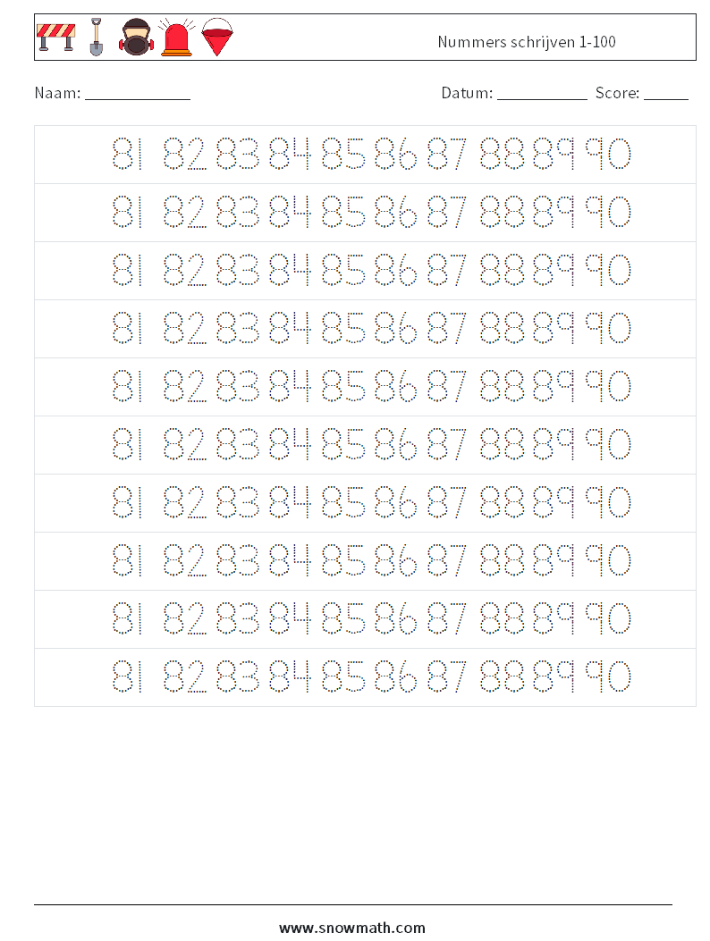 Nummers schrijven 1-100 Wiskundige werkbladen 37