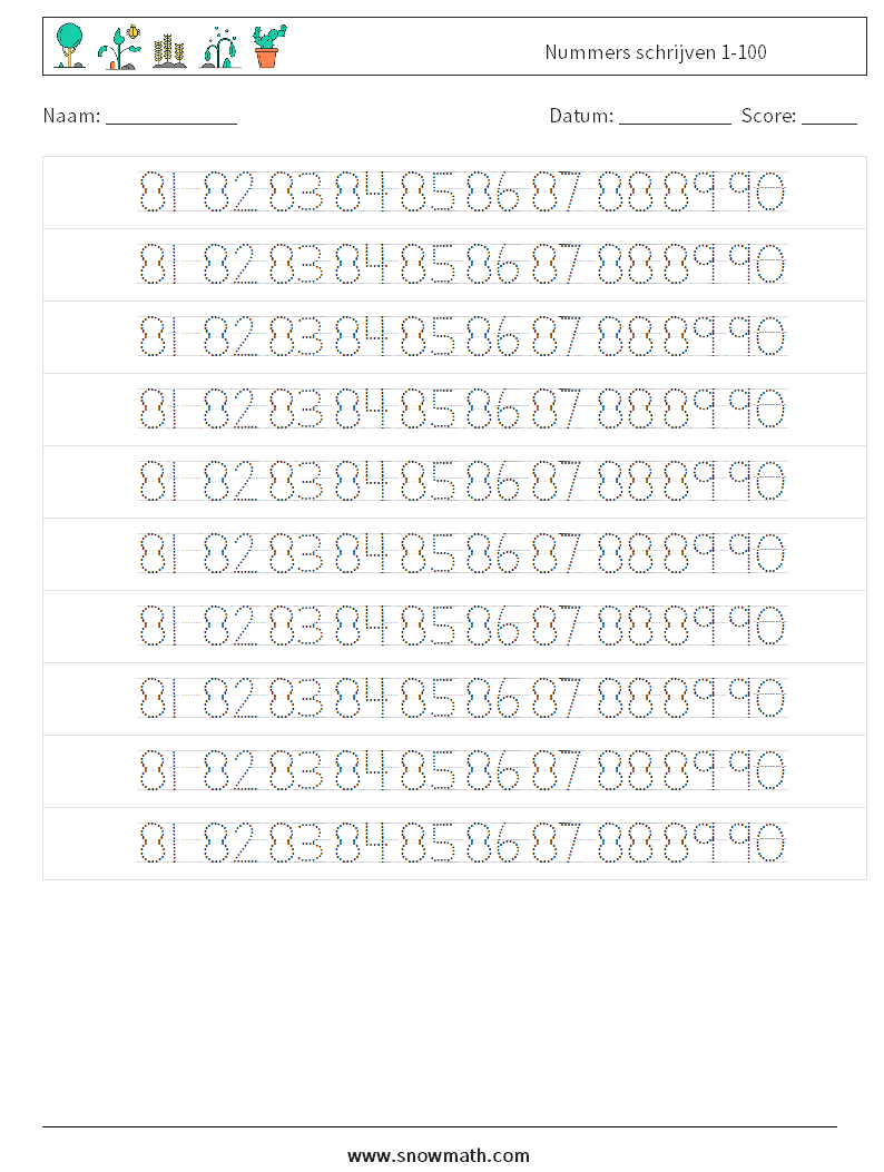 Nummers schrijven 1-100 Wiskundige werkbladen 38