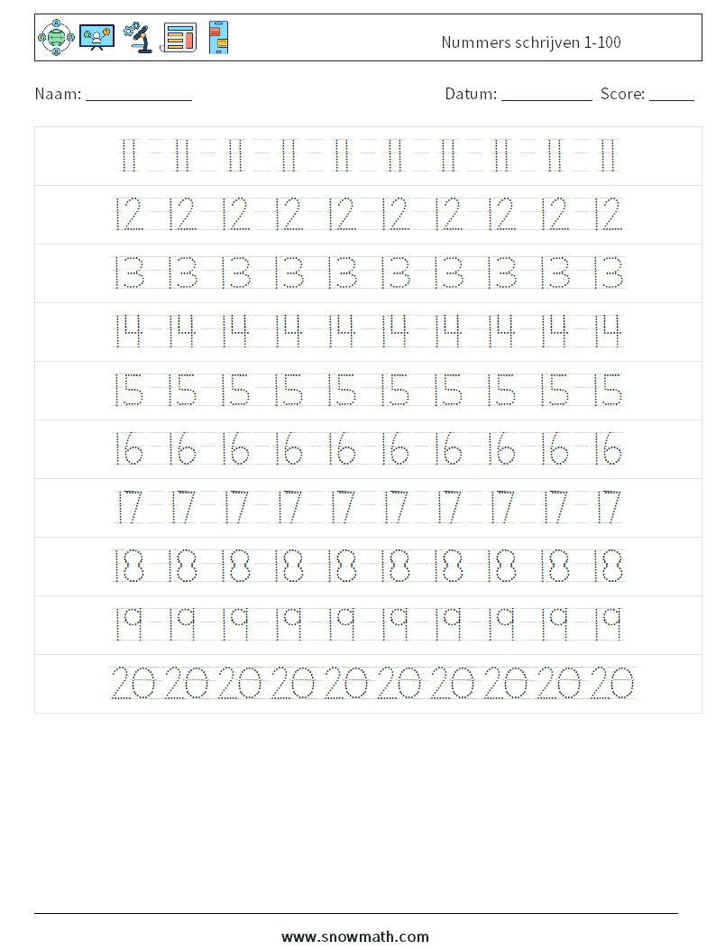 Nummers schrijven 1-100 Wiskundige werkbladen 4