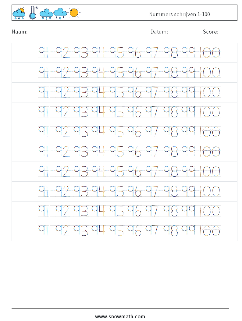 Nummers schrijven 1-100 Wiskundige werkbladen 40