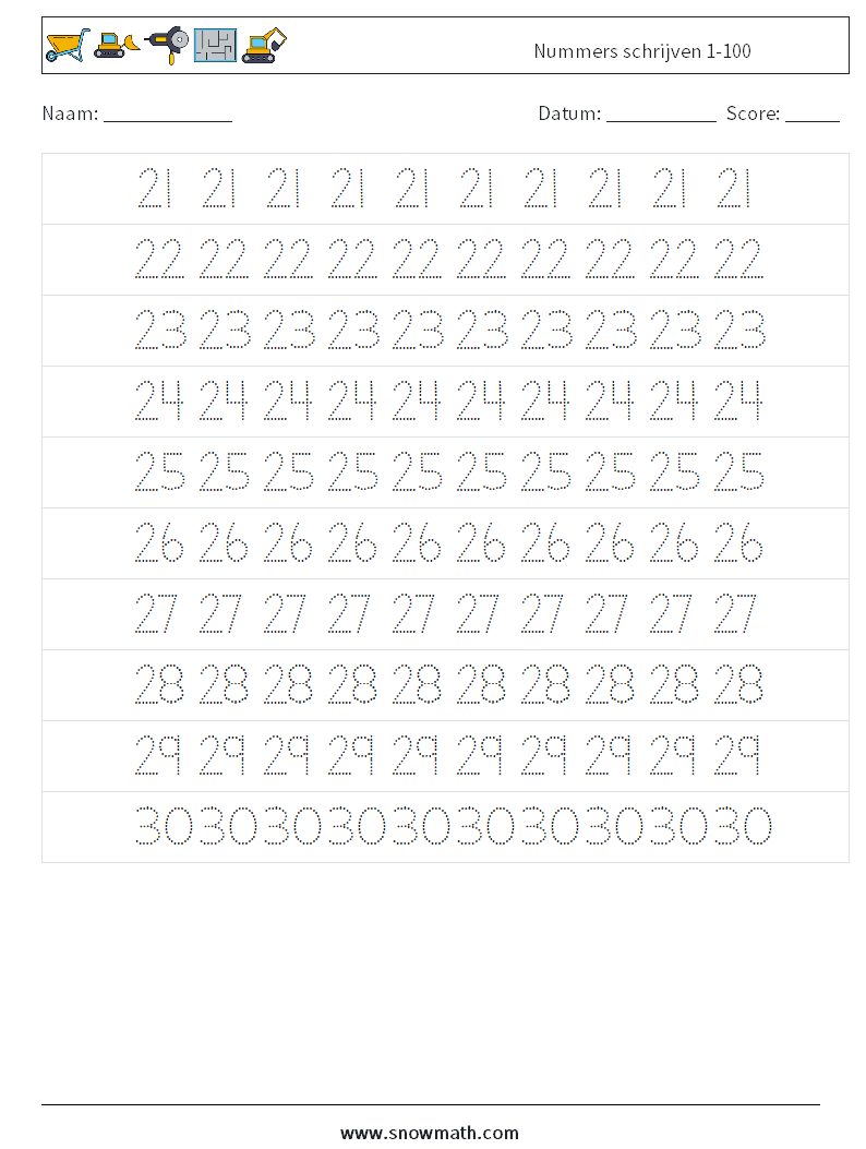 Nummers schrijven 1-100 Wiskundige werkbladen 5