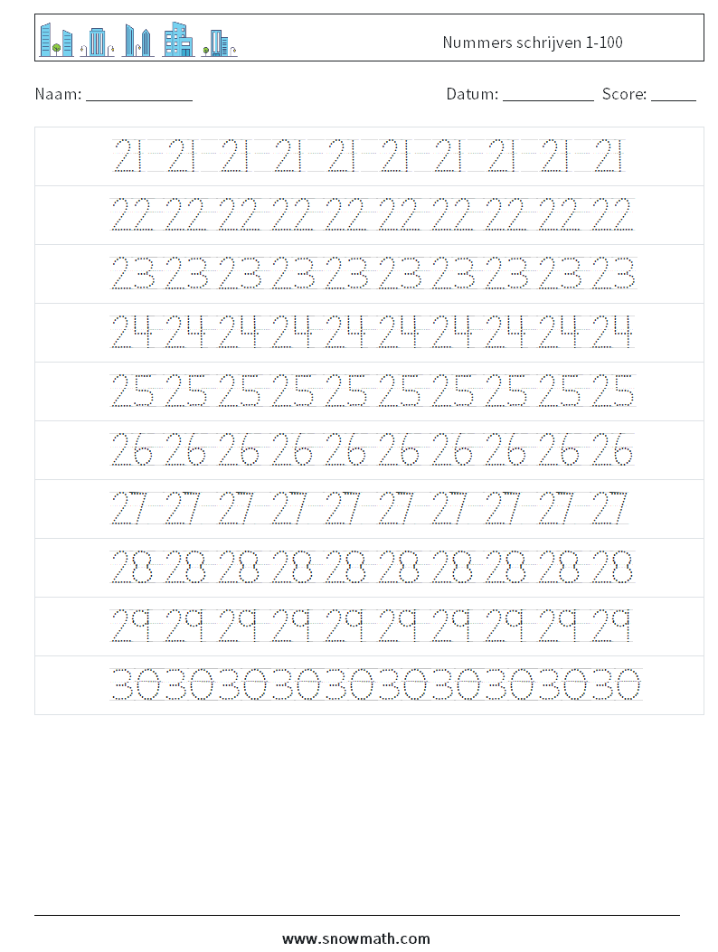 Nummers schrijven 1-100 Wiskundige werkbladen 6