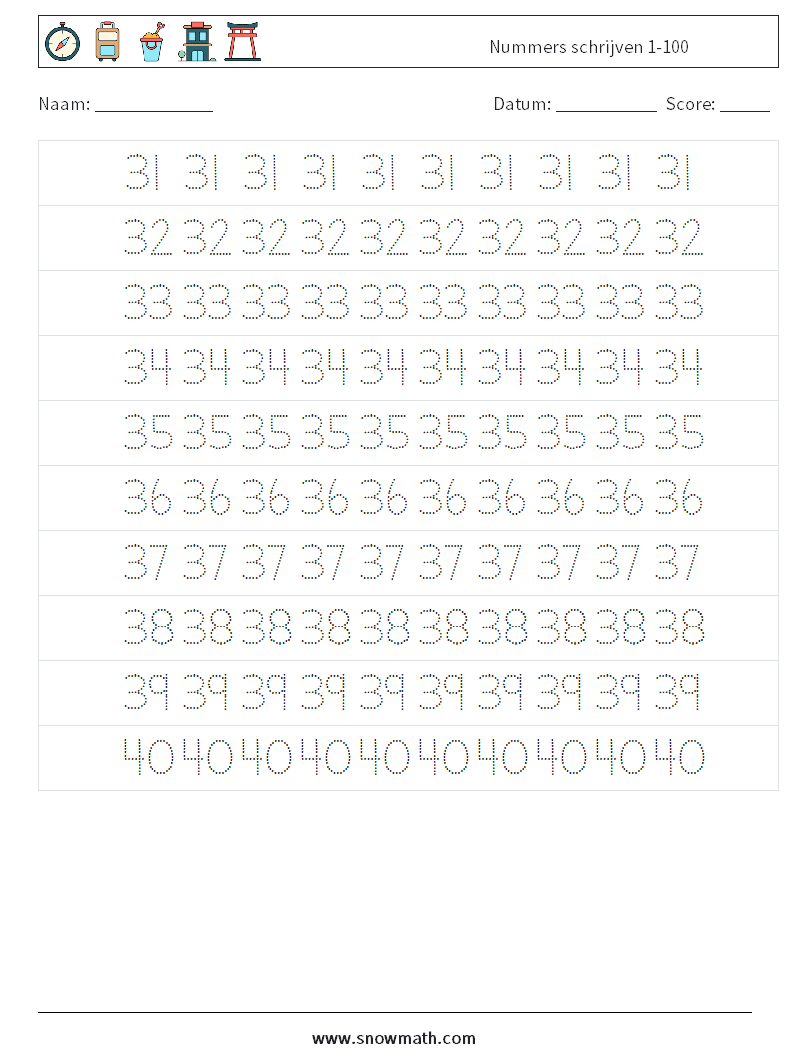 Nummers schrijven 1-100 Wiskundige werkbladen 7