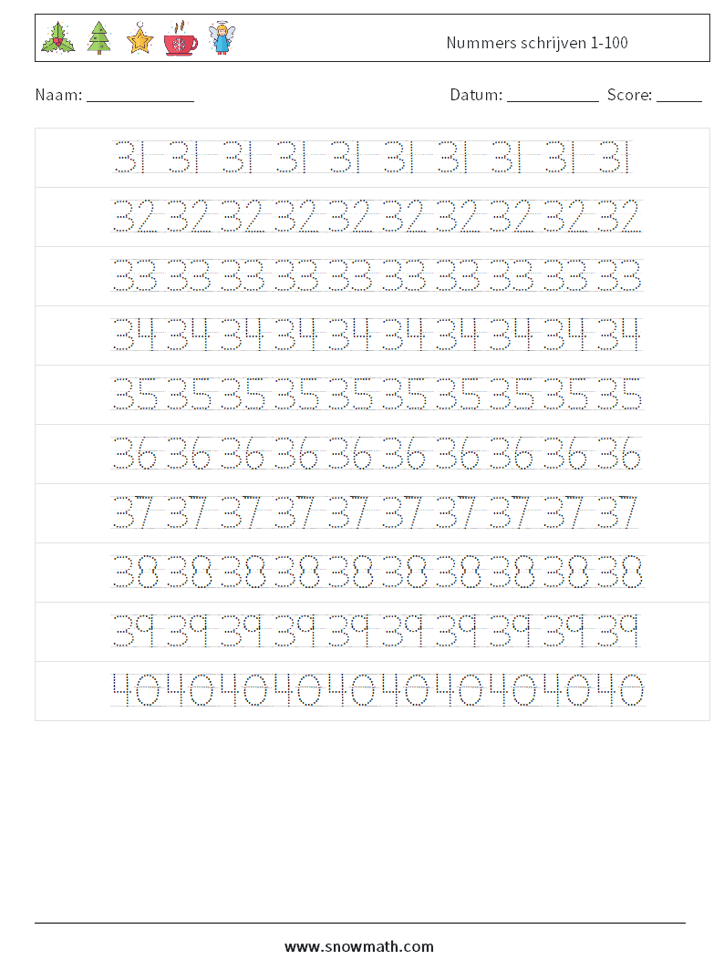 Nummers schrijven 1-100 Wiskundige werkbladen 8