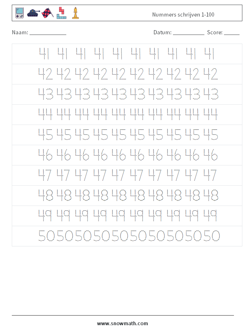 Nummers schrijven 1-100 Wiskundige werkbladen 9