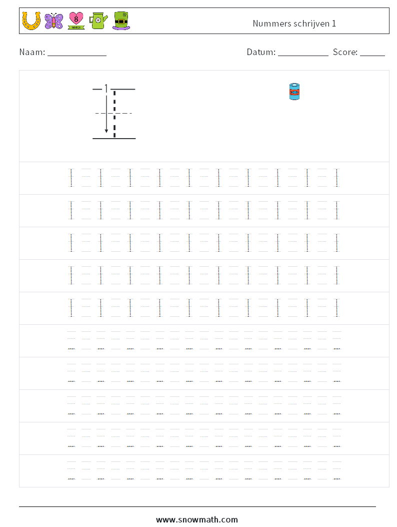 Nummers schrijven 1 Wiskundige werkbladen 15