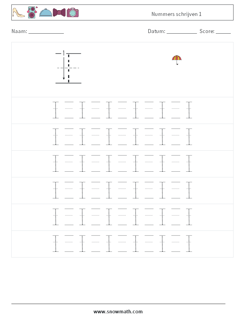 Nummers schrijven 1 Wiskundige werkbladen 17