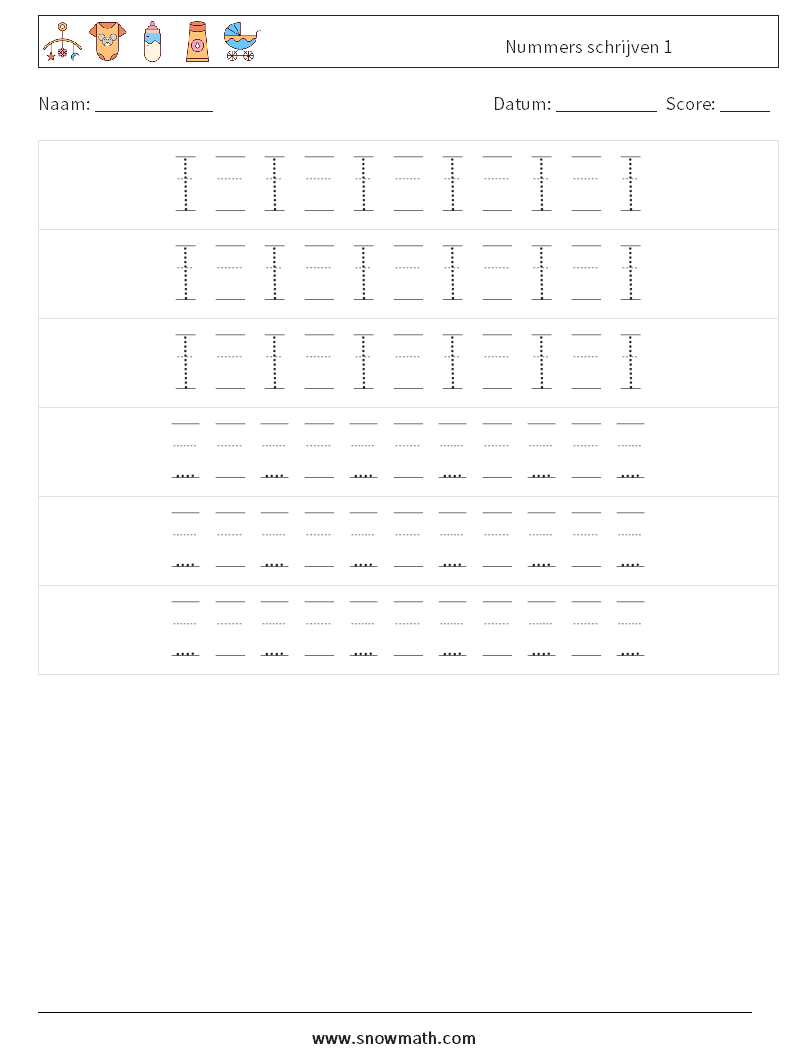 Nummers schrijven 1 Wiskundige werkbladen 20