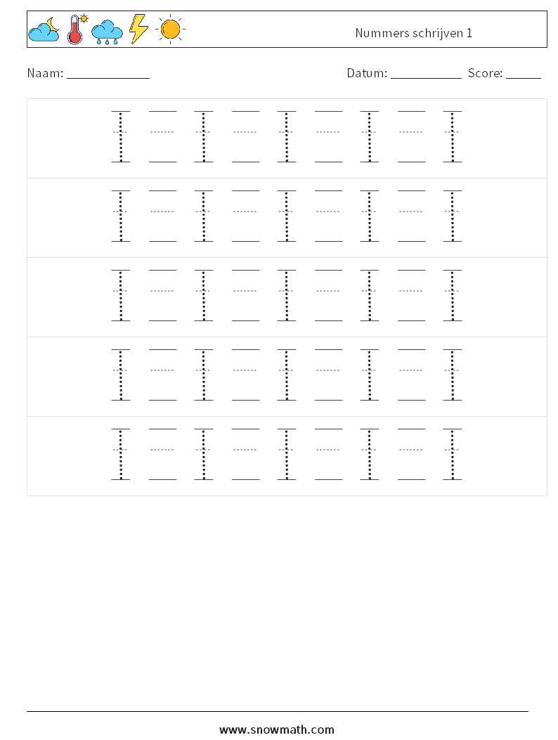 Nummers schrijven 1 Wiskundige werkbladen 22