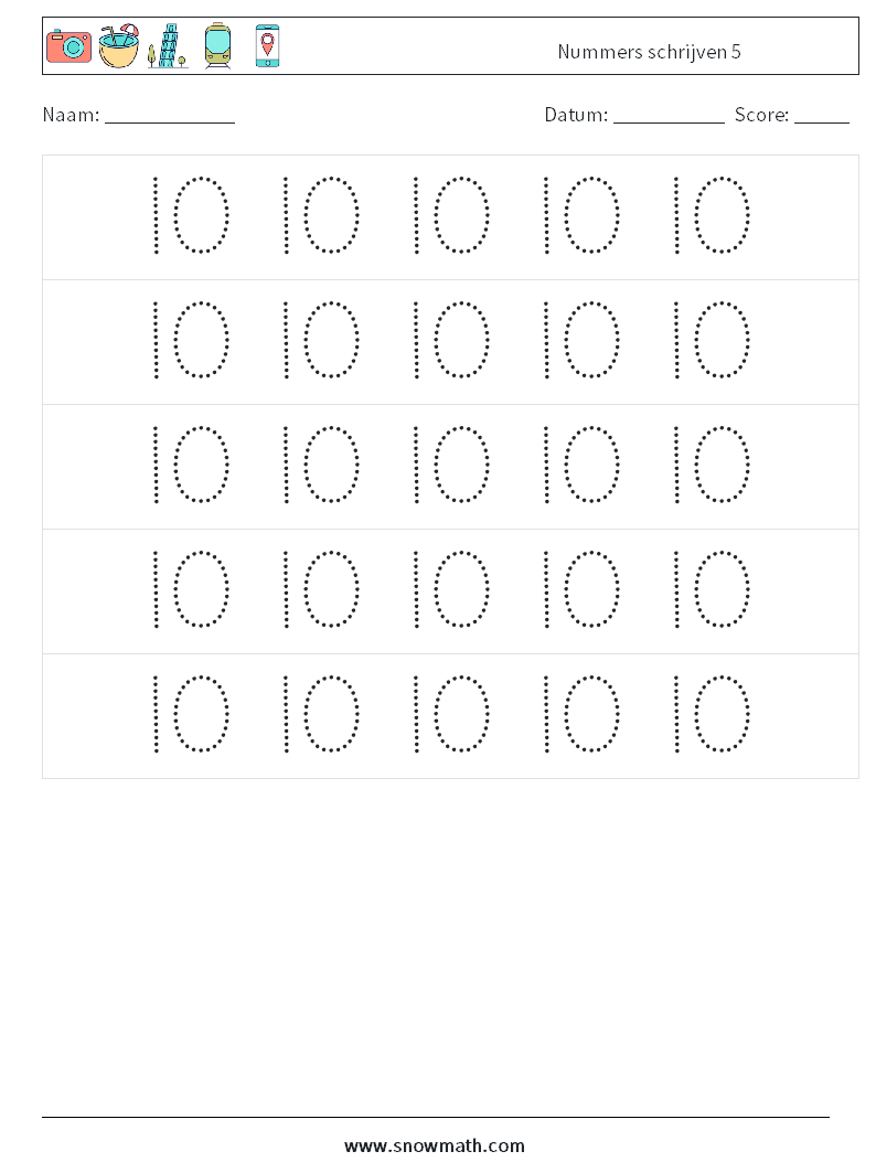 Nummers schrijven 5 Wiskundige werkbladen 10