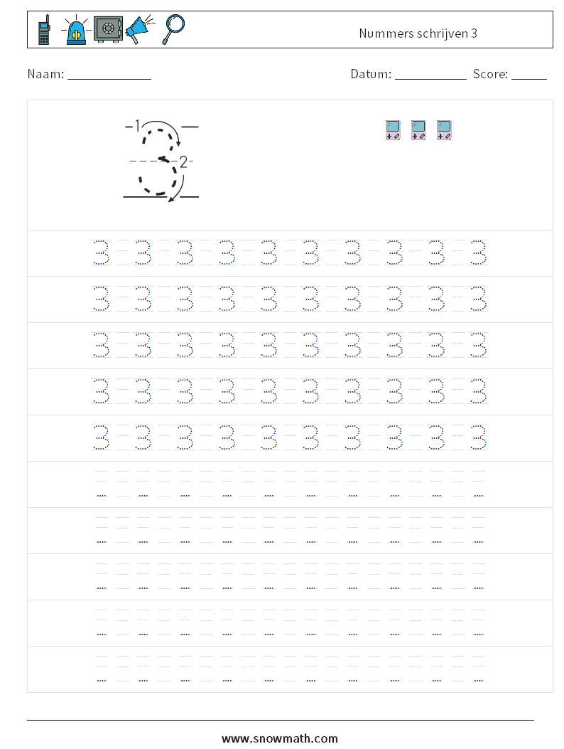 Nummers schrijven 3 Wiskundige werkbladen 15