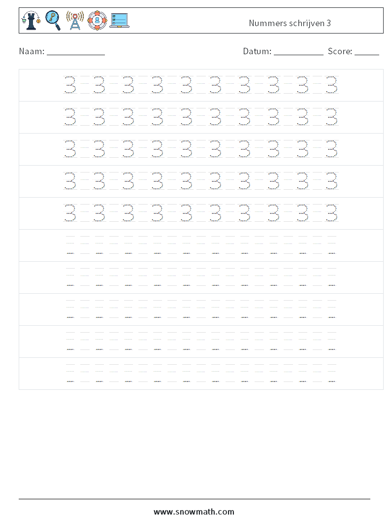 Nummers schrijven 3 Wiskundige werkbladen 16