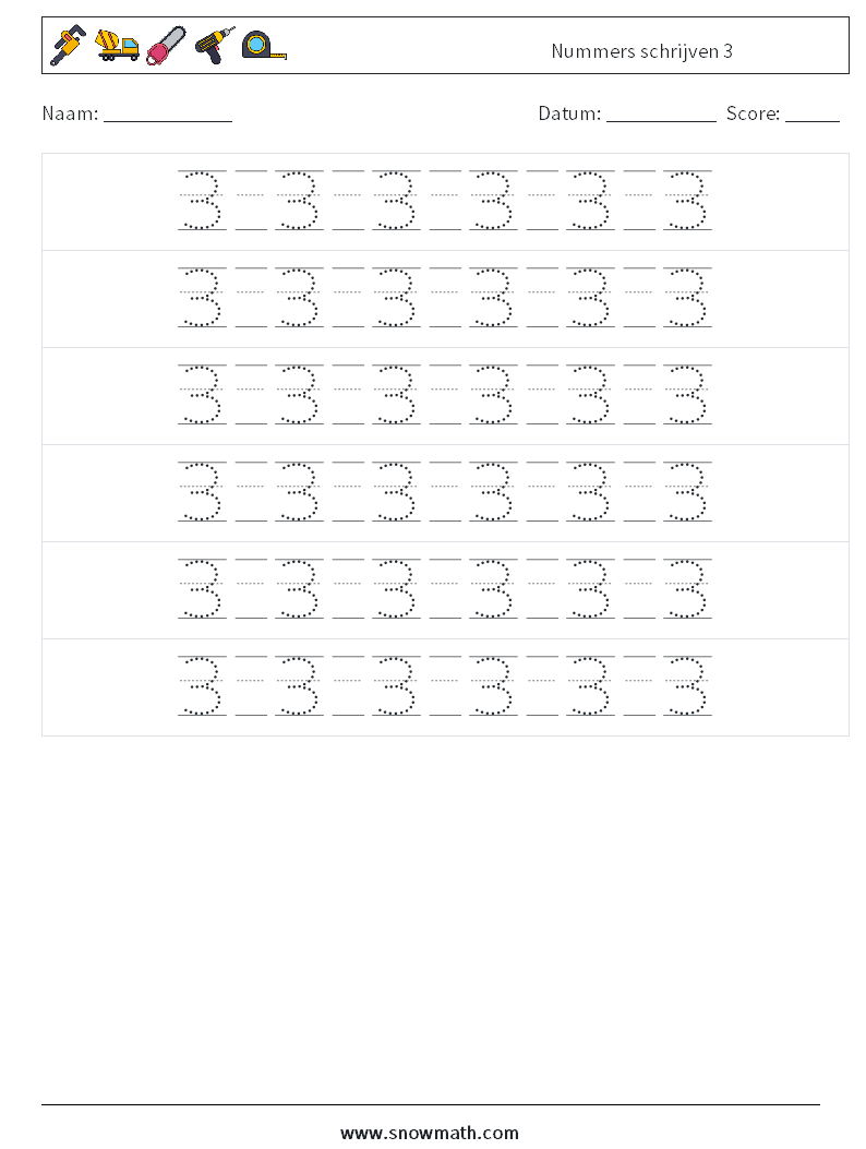 Nummers schrijven 3 Wiskundige werkbladen 18