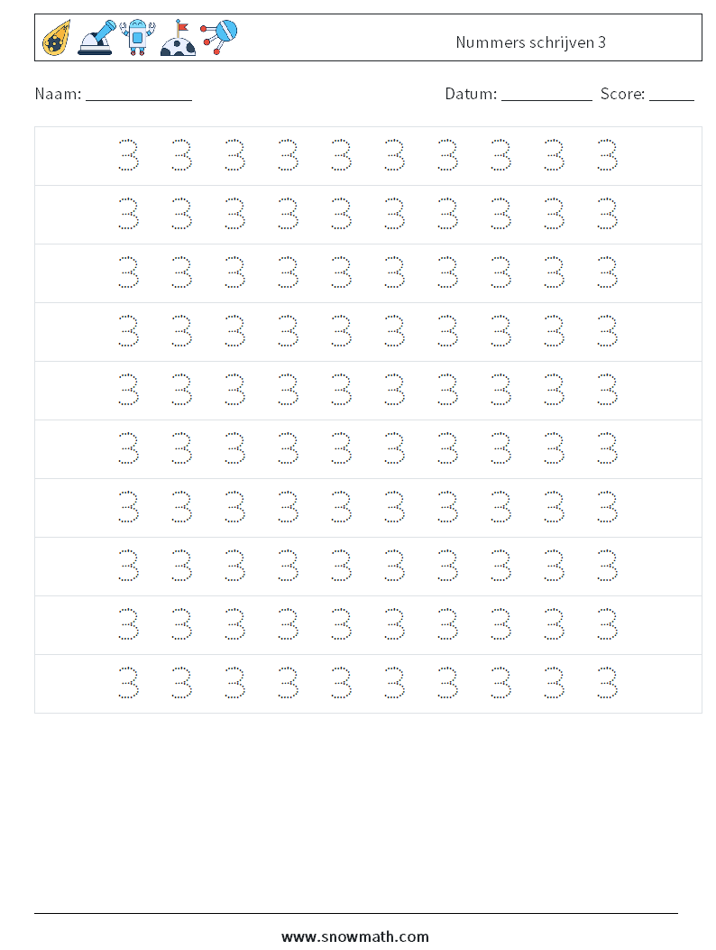 Nummers schrijven 3 Wiskundige werkbladen 2