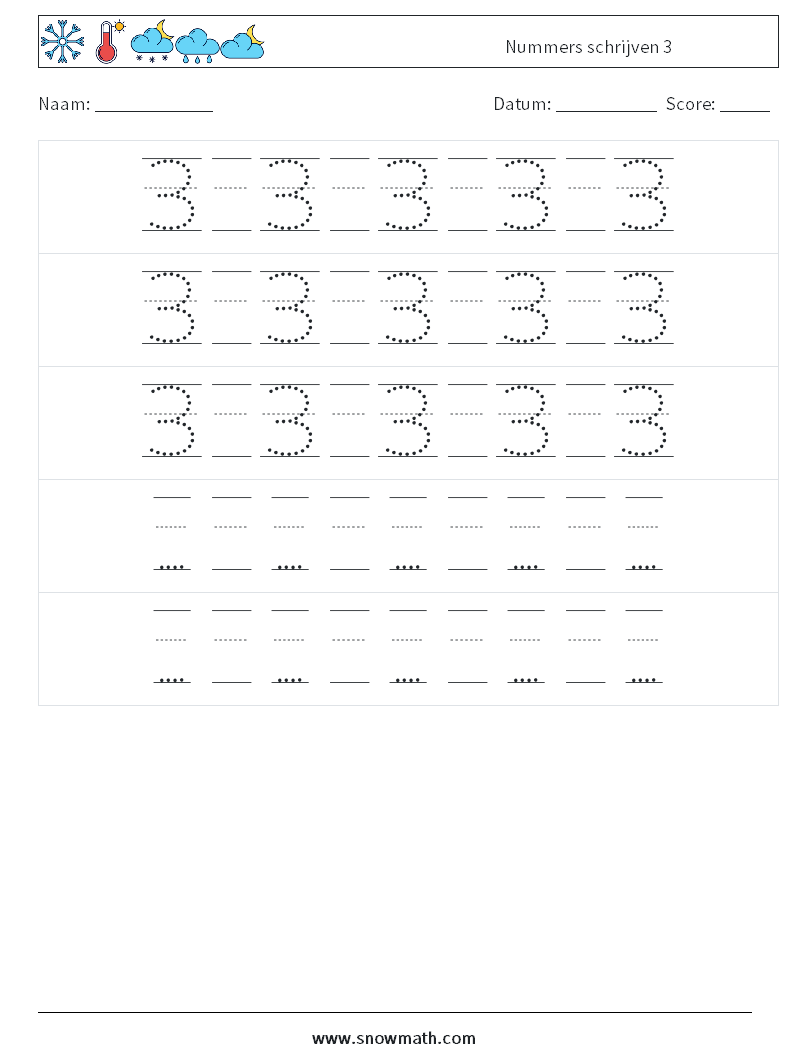 Nummers schrijven 3 Wiskundige werkbladen 24