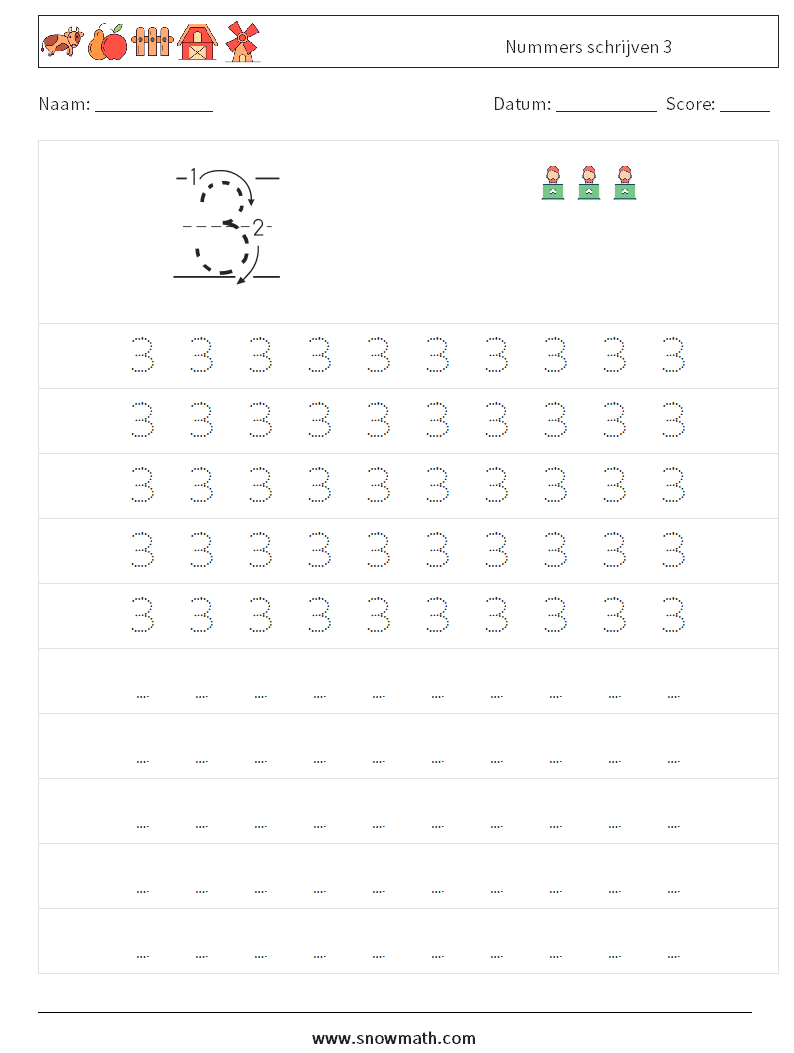 Nummers schrijven 3 Wiskundige werkbladen 3