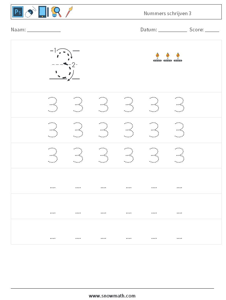 Nummers schrijven 3 Wiskundige werkbladen 7