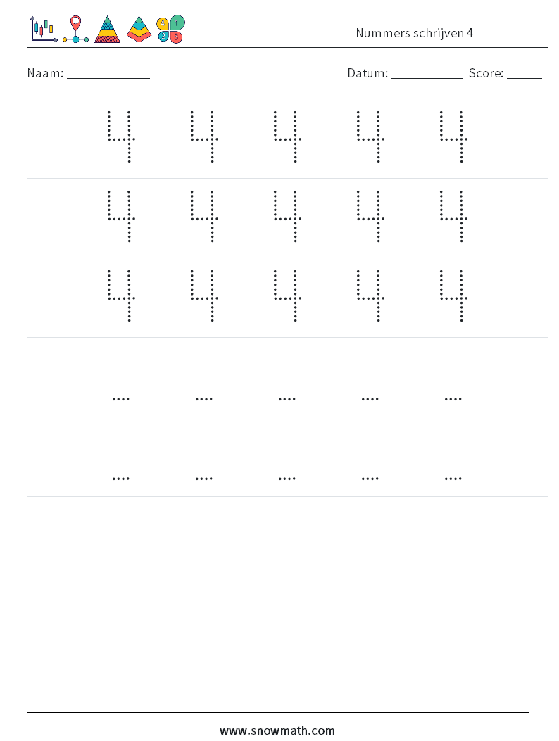 Nummers schrijven 4 Wiskundige werkbladen 12