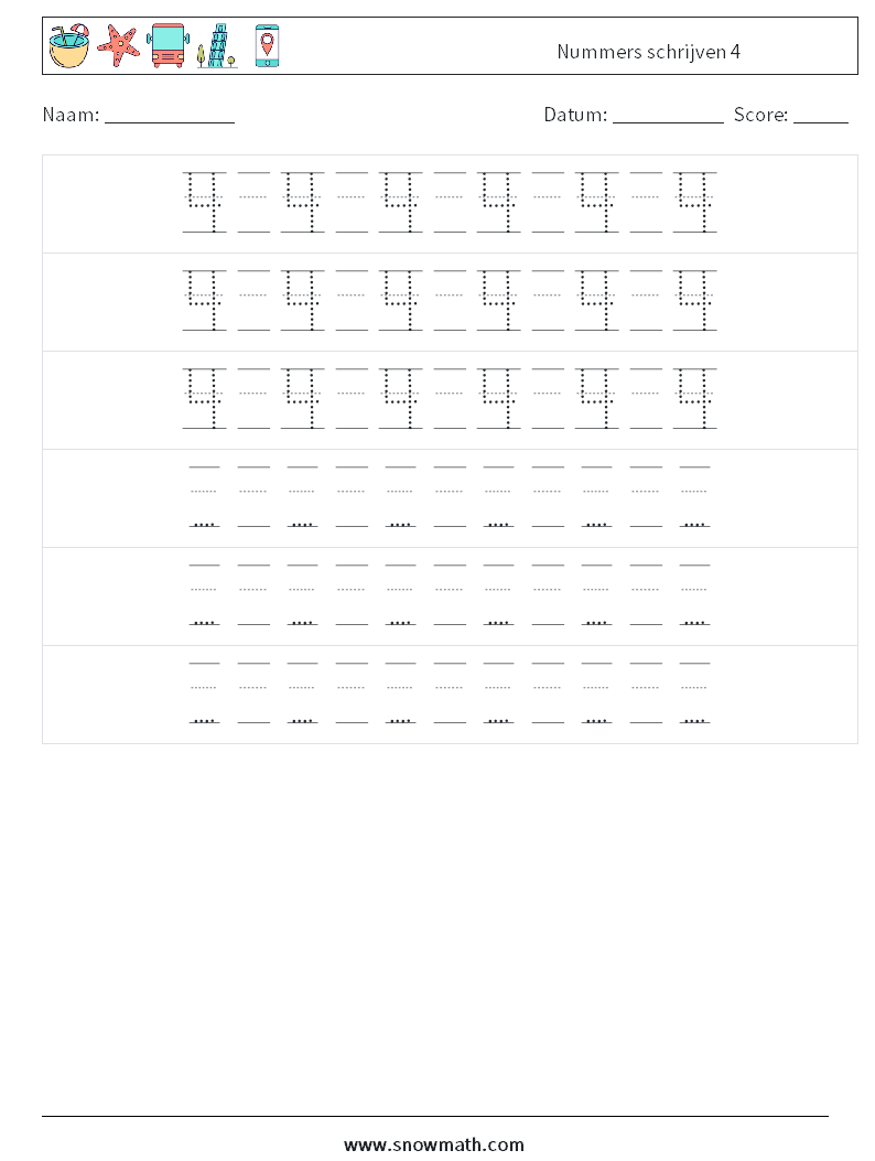 Nummers schrijven 4 Wiskundige werkbladen 20