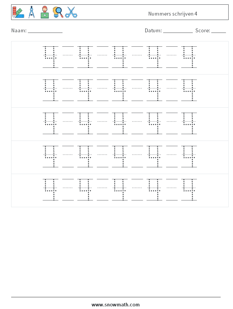 Nummers schrijven 4 Wiskundige werkbladen 22