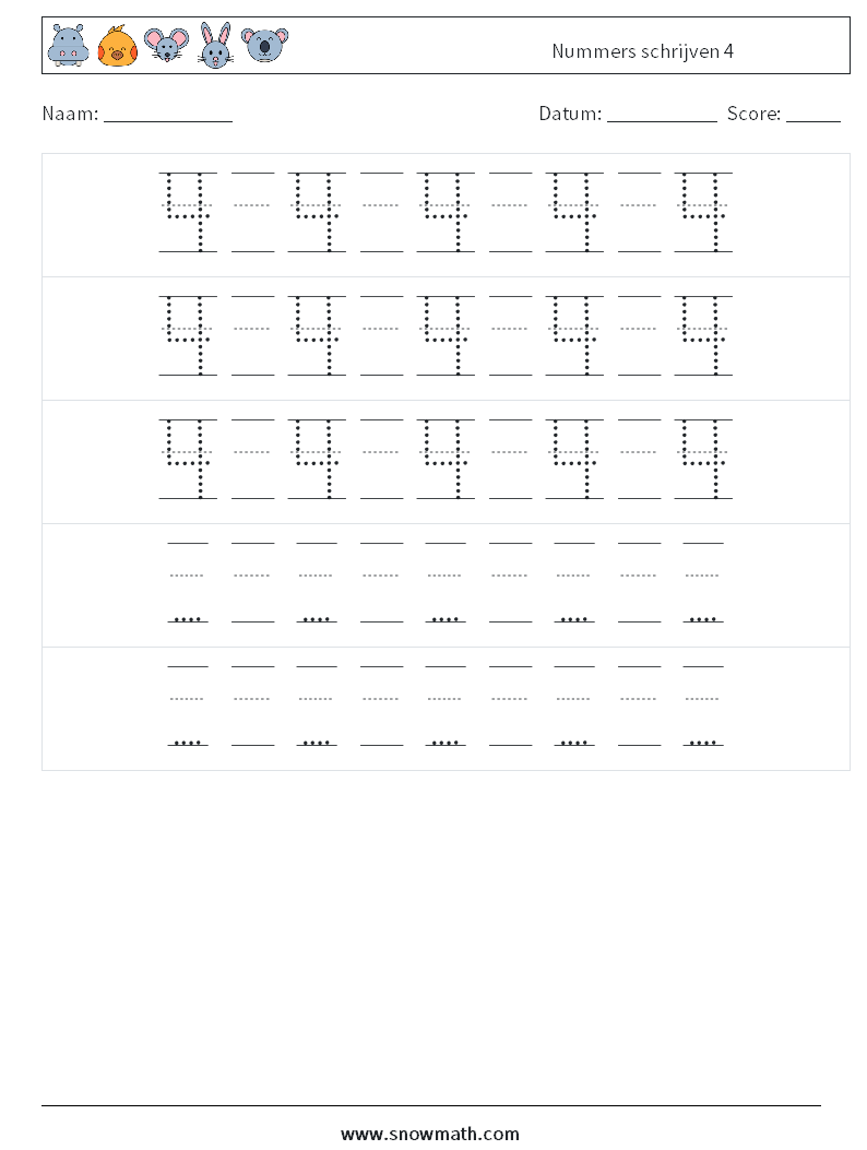 Nummers schrijven 4 Wiskundige werkbladen 24