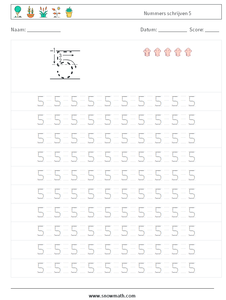 Nummers schrijven 5 Wiskundige werkbladen 13