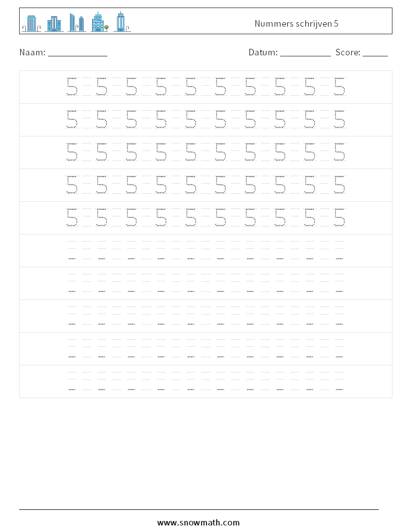 Nummers schrijven 5 Wiskundige werkbladen 16