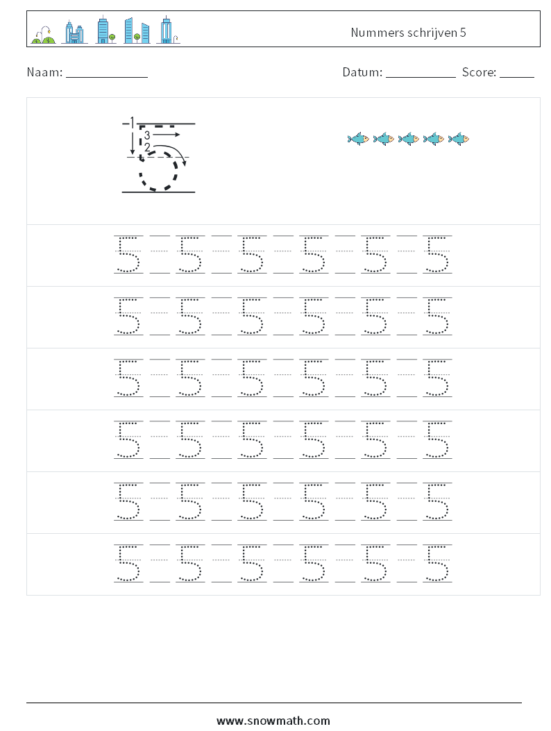 Nummers schrijven 5 Wiskundige werkbladen 17