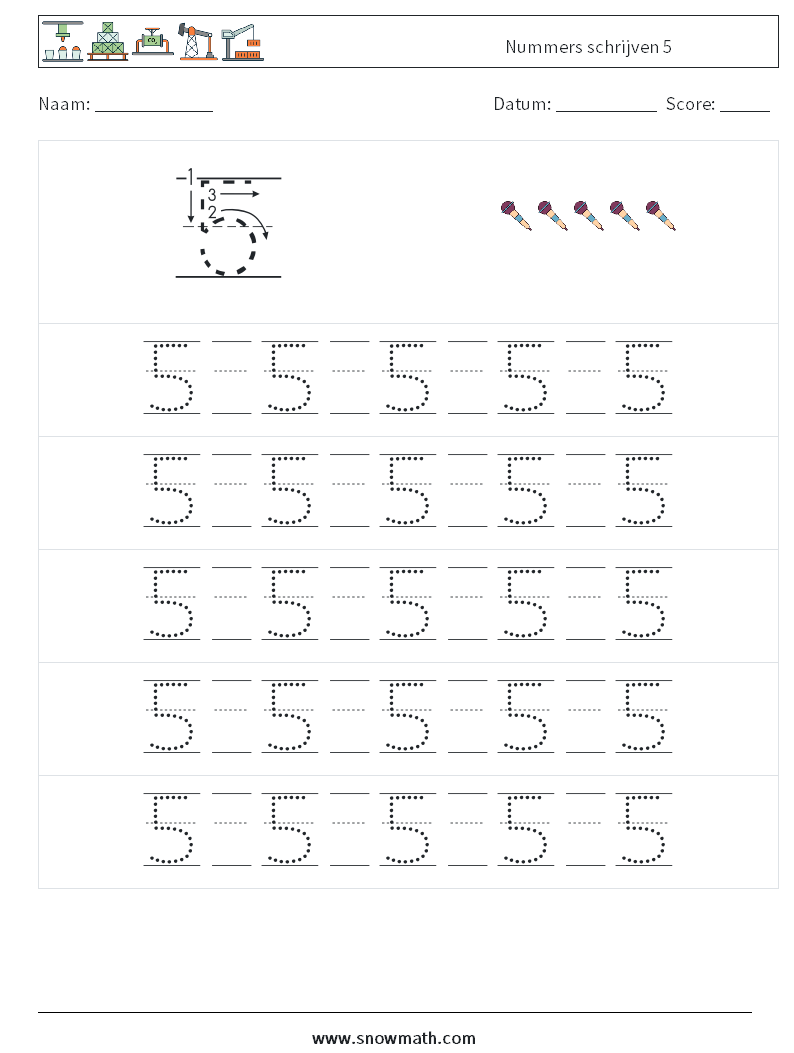 Nummers schrijven 5 Wiskundige werkbladen 21