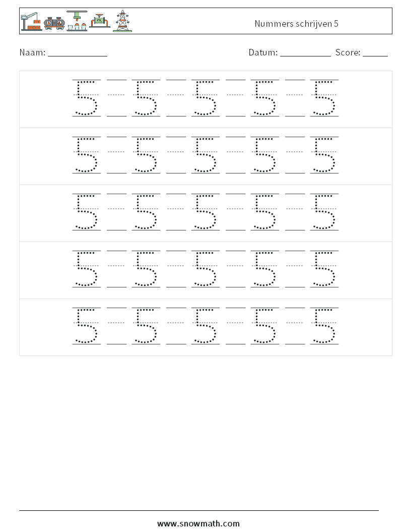 Nummers schrijven 5 Wiskundige werkbladen 22