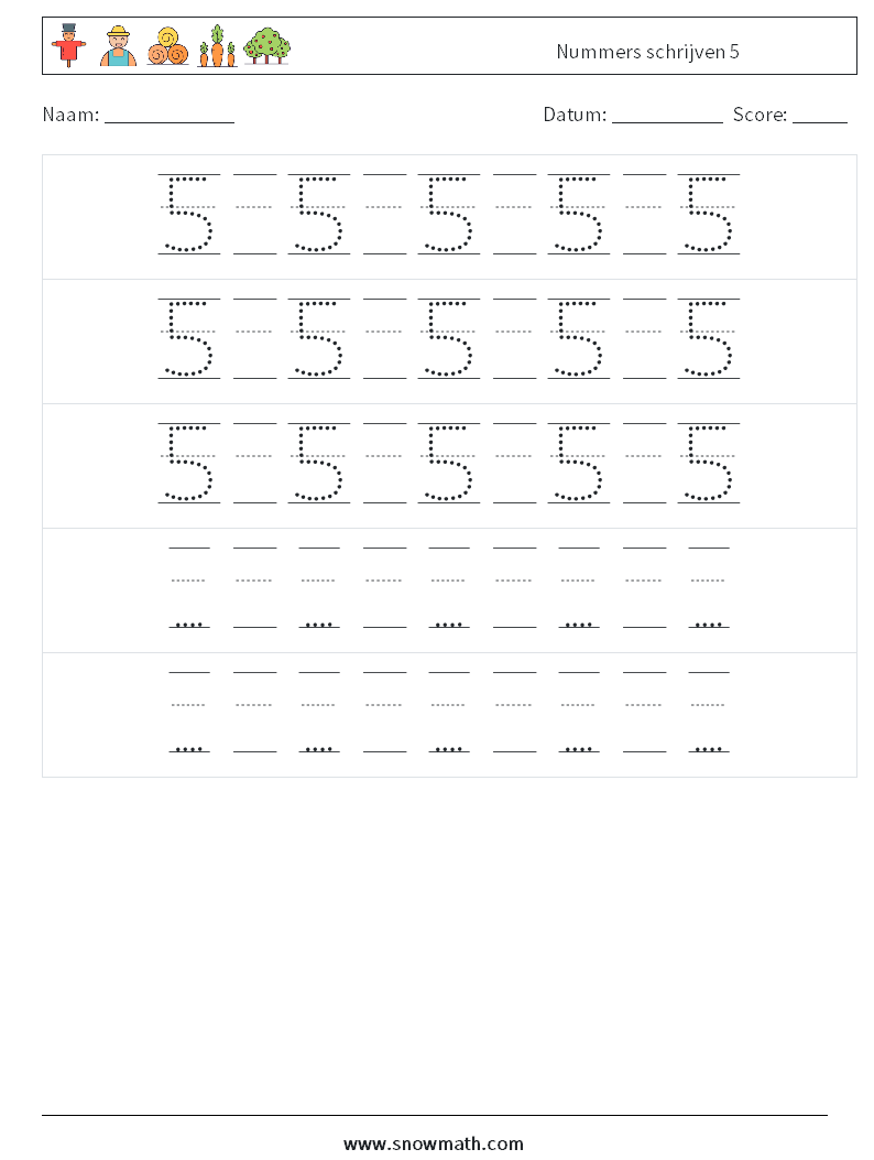 Nummers schrijven 5 Wiskundige werkbladen 24