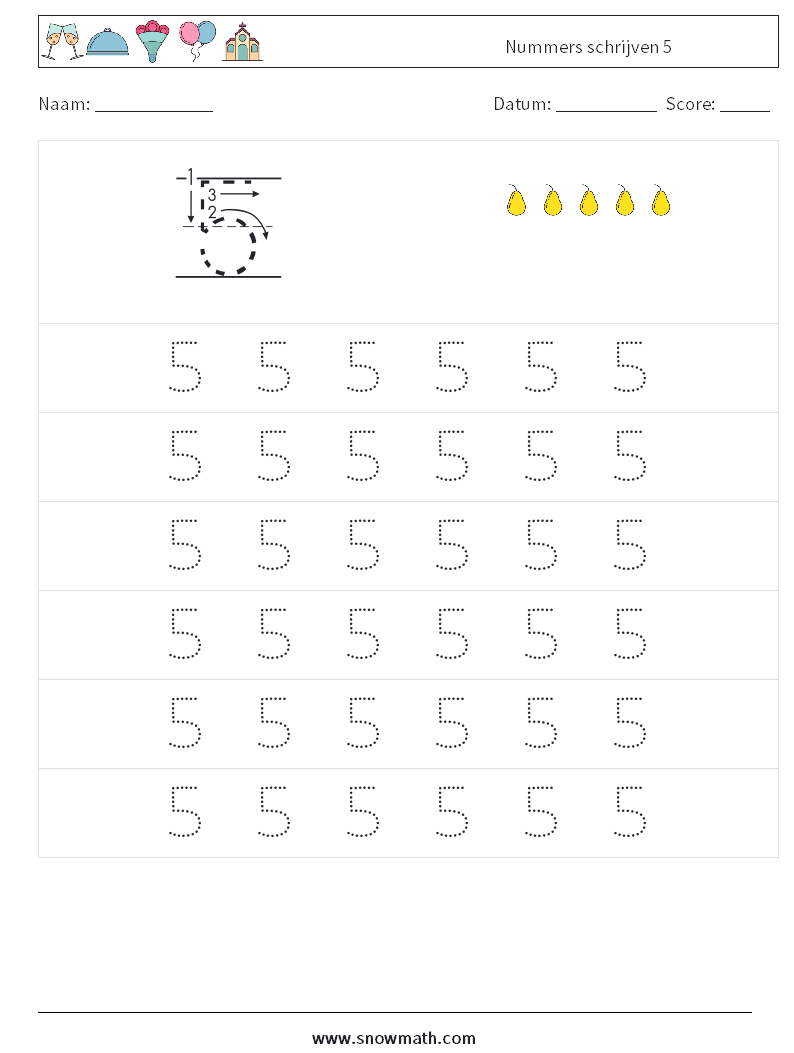 Nummers schrijven 5 Wiskundige werkbladen 5