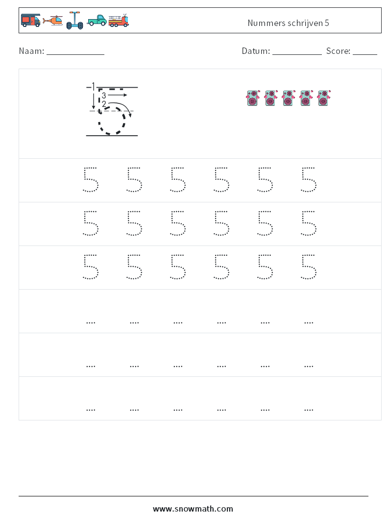 Nummers schrijven 5 Wiskundige werkbladen 7