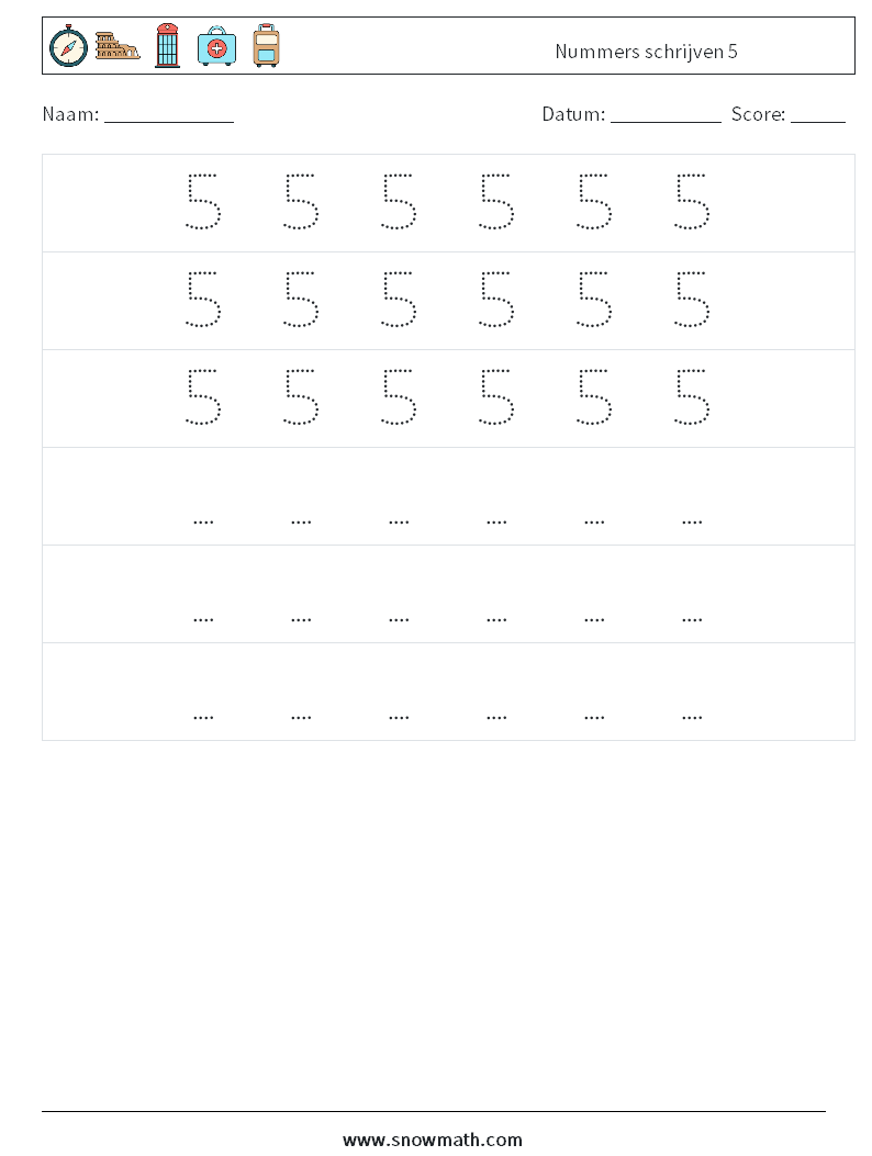 Nummers schrijven 5 Wiskundige werkbladen 8