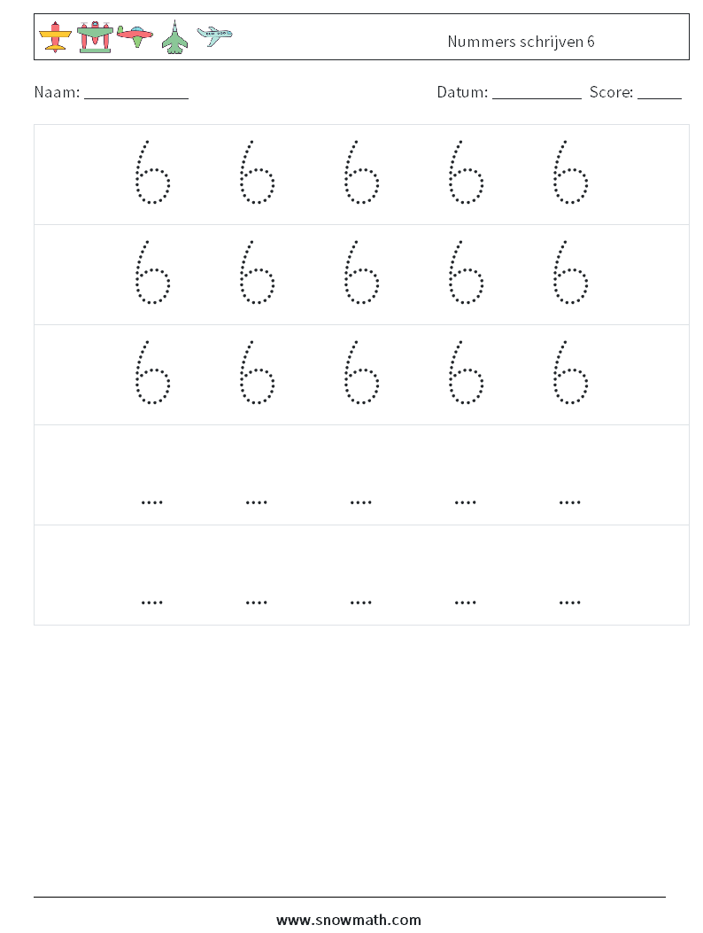 Nummers schrijven 6 Wiskundige werkbladen 12