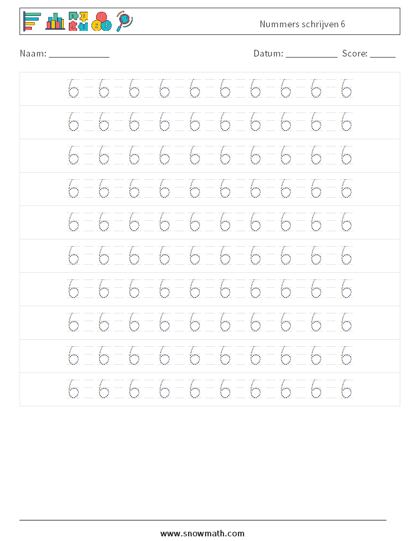 Nummers schrijven 6 Wiskundige werkbladen 14