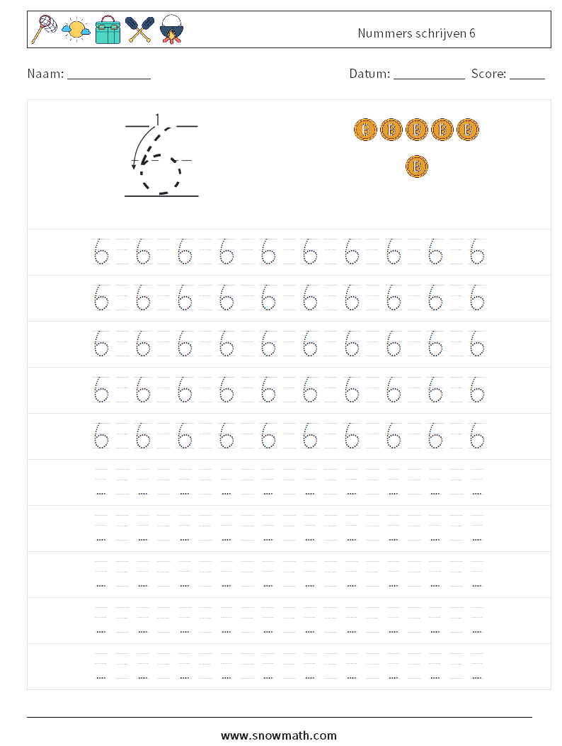 Nummers schrijven 6 Wiskundige werkbladen 15