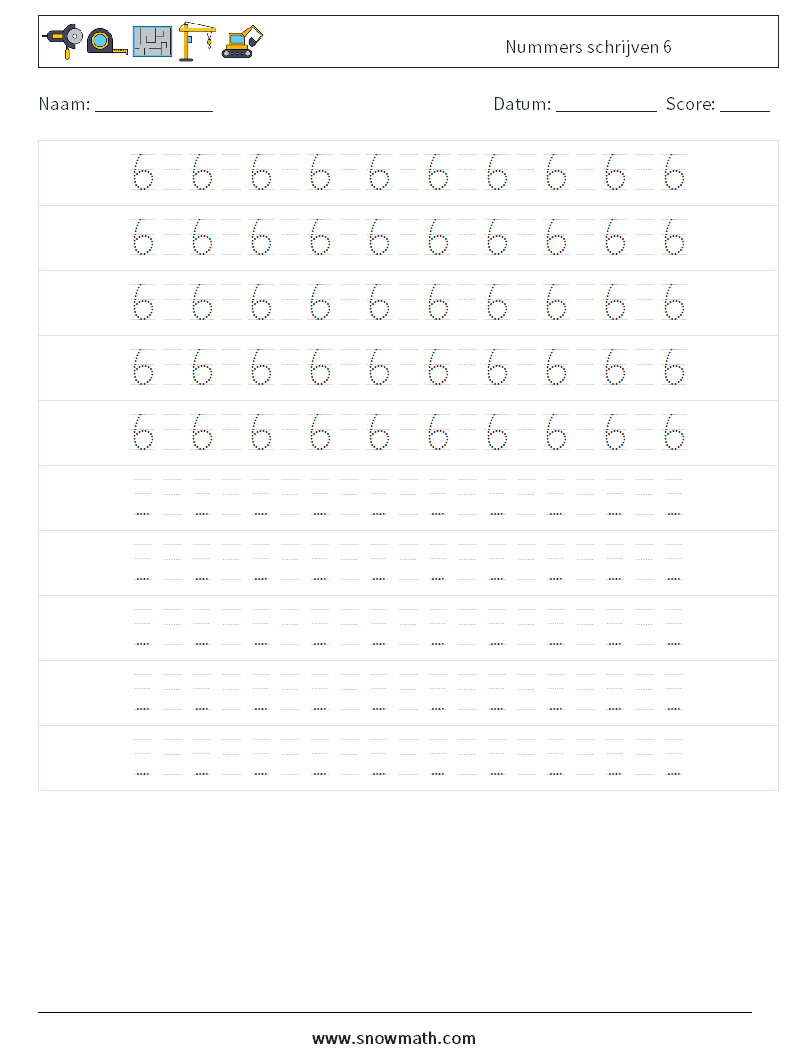 Nummers schrijven 6 Wiskundige werkbladen 16