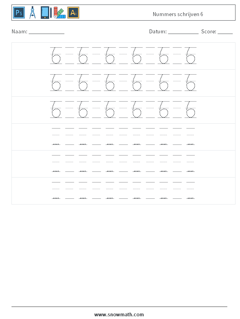 Nummers schrijven 6 Wiskundige werkbladen 20