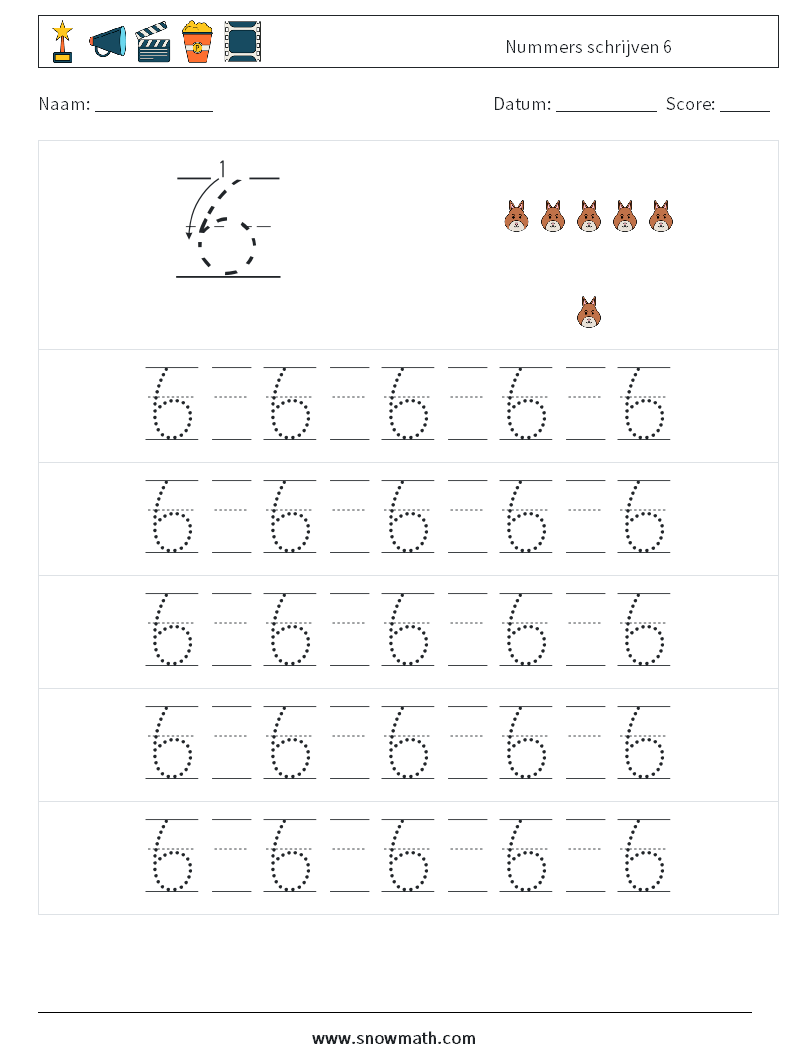 Nummers schrijven 6 Wiskundige werkbladen 21