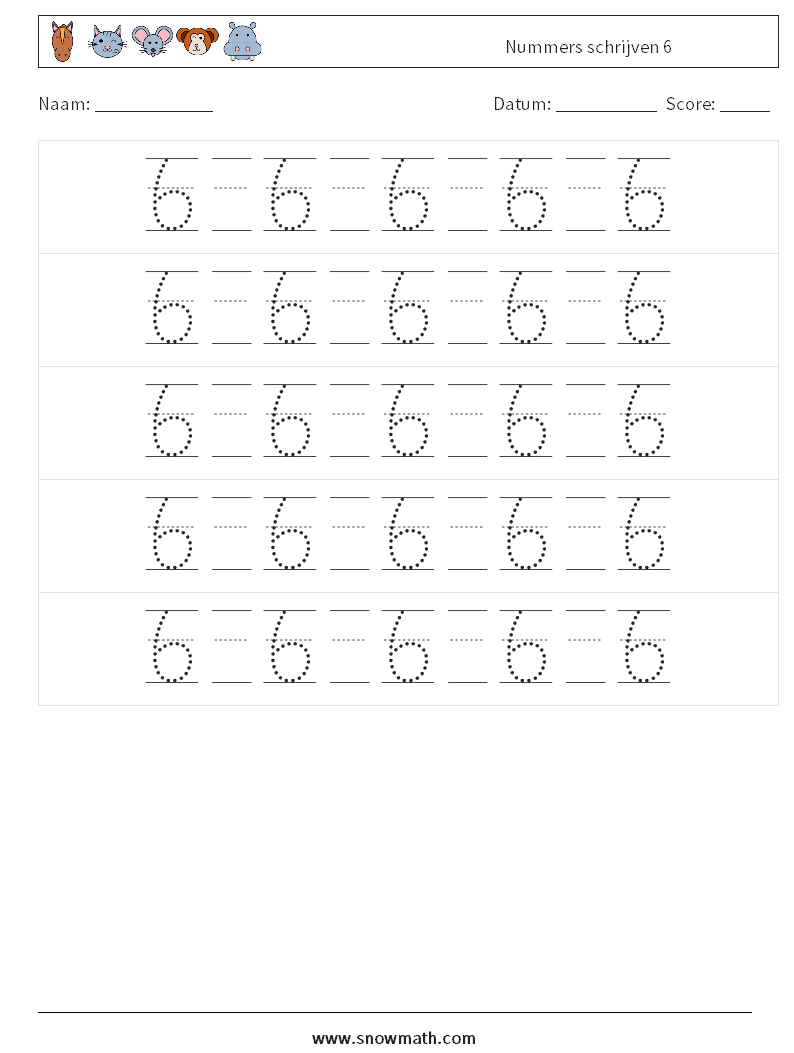 Nummers schrijven 6 Wiskundige werkbladen 22