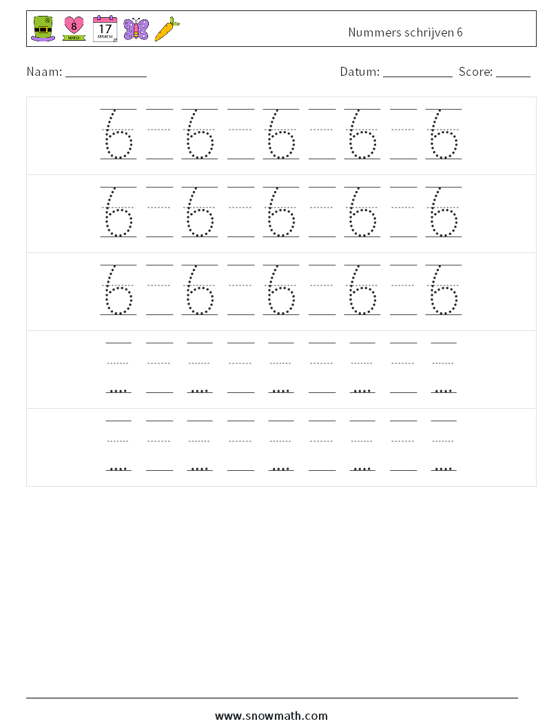 Nummers schrijven 6 Wiskundige werkbladen 24