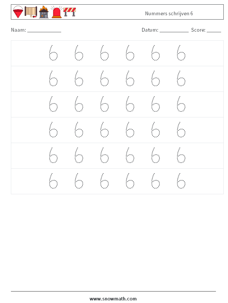 Nummers schrijven 6 Wiskundige werkbladen 6