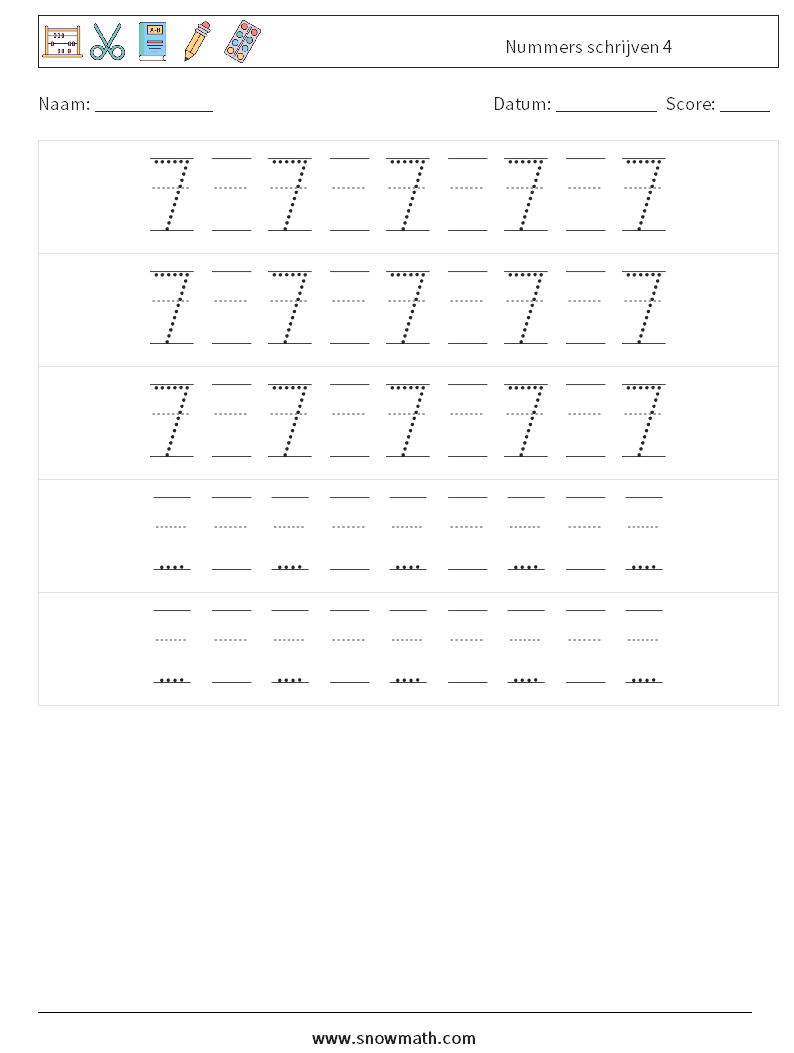 Nummers schrijven 4 Wiskundige werkbladen 24