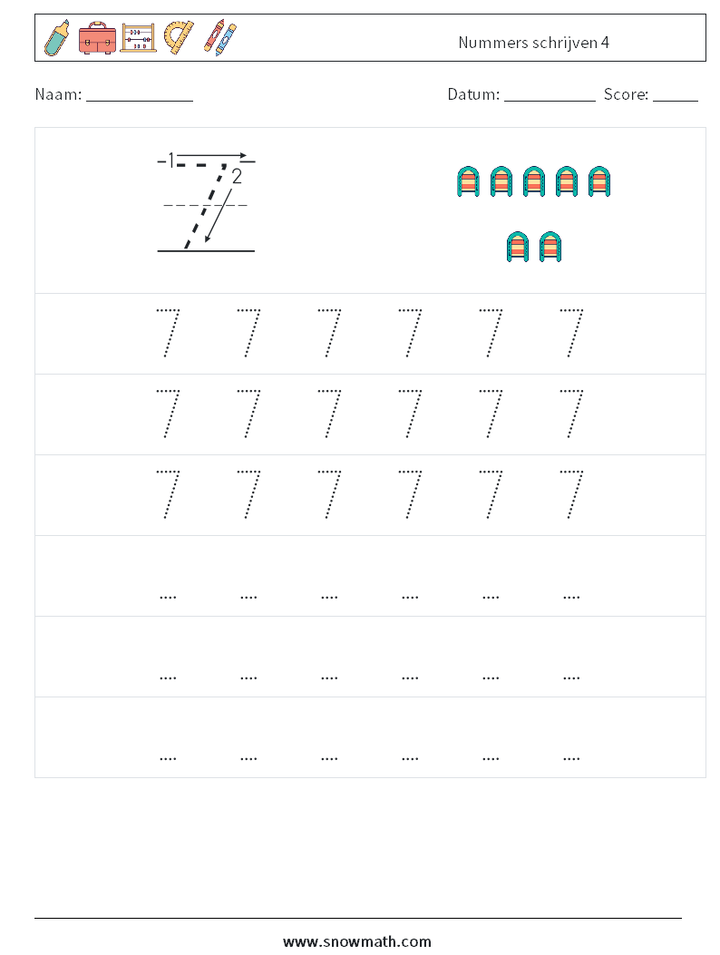 Nummers schrijven 4 Wiskundige werkbladen 7
